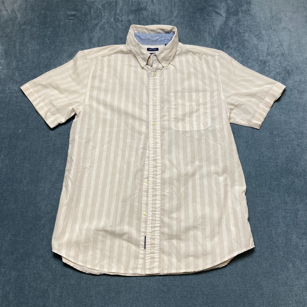 Chaps Easy-Care Shirt Mens Medium Beige White Striped Short Sleeve Chest Pocket